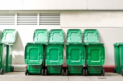 Eco-friendly waste management with recycling bins and skips